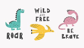 Cartoon dinosaurs. Cute dino, dinosaur and palm. Color wildlife characters,  prehistoric predator. Funny baby animals garish vector collection Stock  Vector