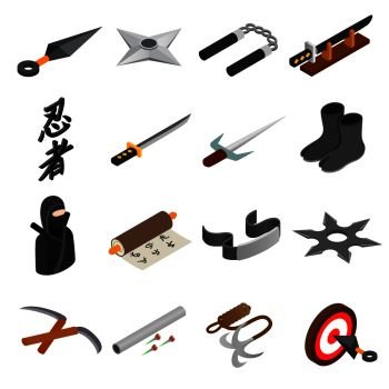 Ninja Weapons Set Vector. Assassin Accessories. Star, Sword, Sai, Nunchaku.  Throwing Knives, Katana, Shuriken. Isolated Flat Cartoon Illustration Stock  Vector